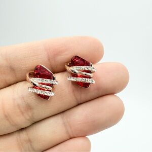 Crystal Red Stud Rhinestones Rose Gold Tone Earrings